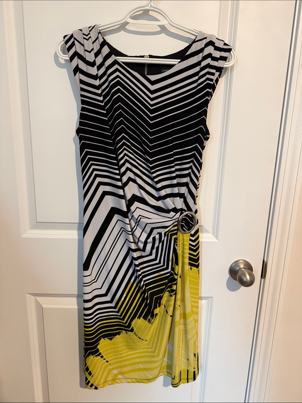 Cynthia Rowley Black, White & Yellow Sleeveless Chevron Midi Dress